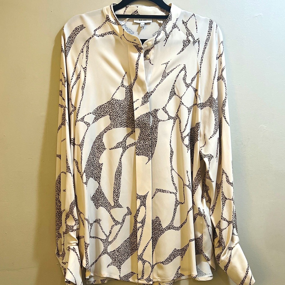 REISS Women's 6 Ivory/Black Abstract Collared Button Front Long Sleeve Blouse